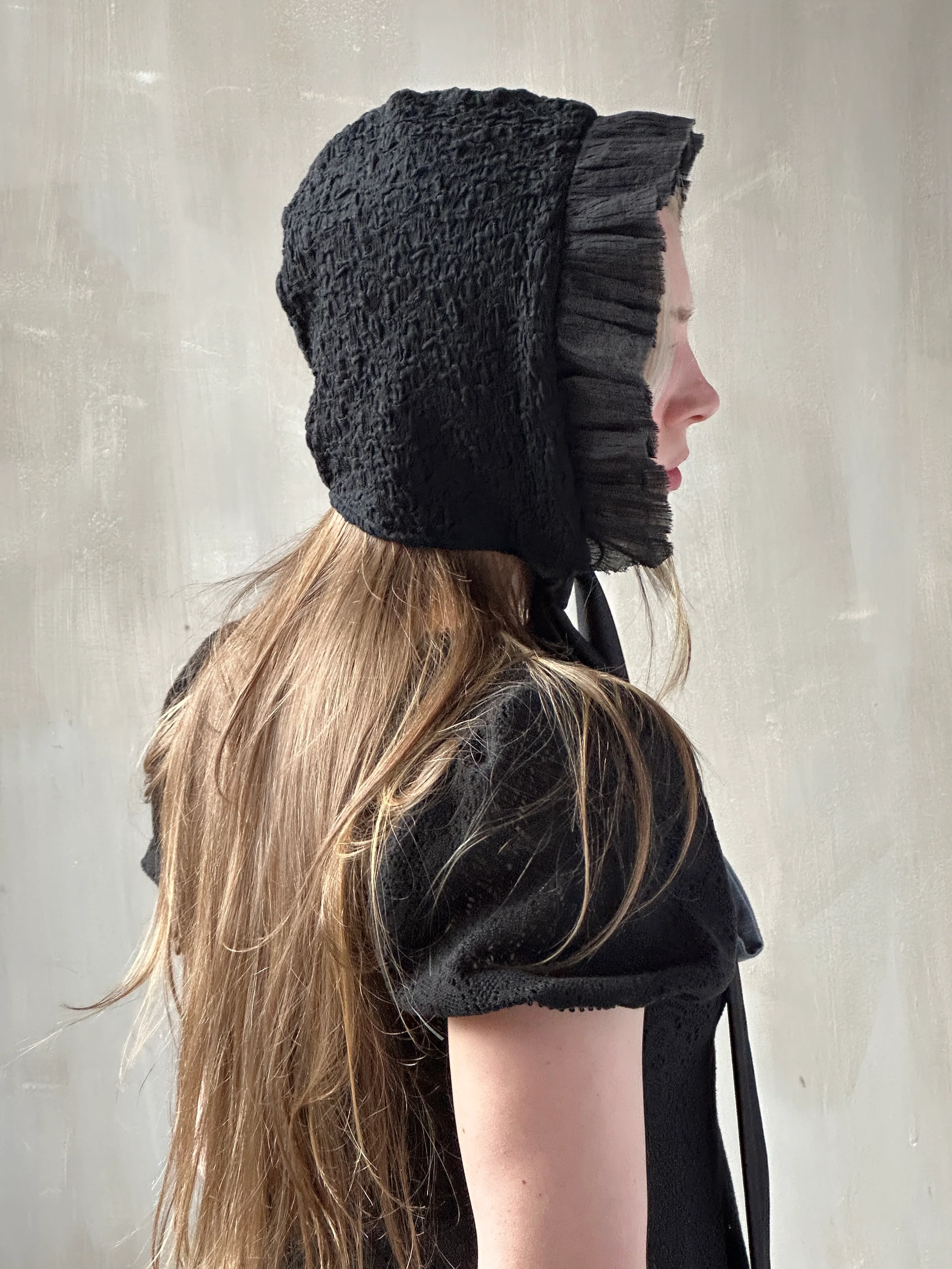Spring '26: Bonnet with Silk Ties in Black Crinkle Cotton Knit (Pre-Order) - Image 7