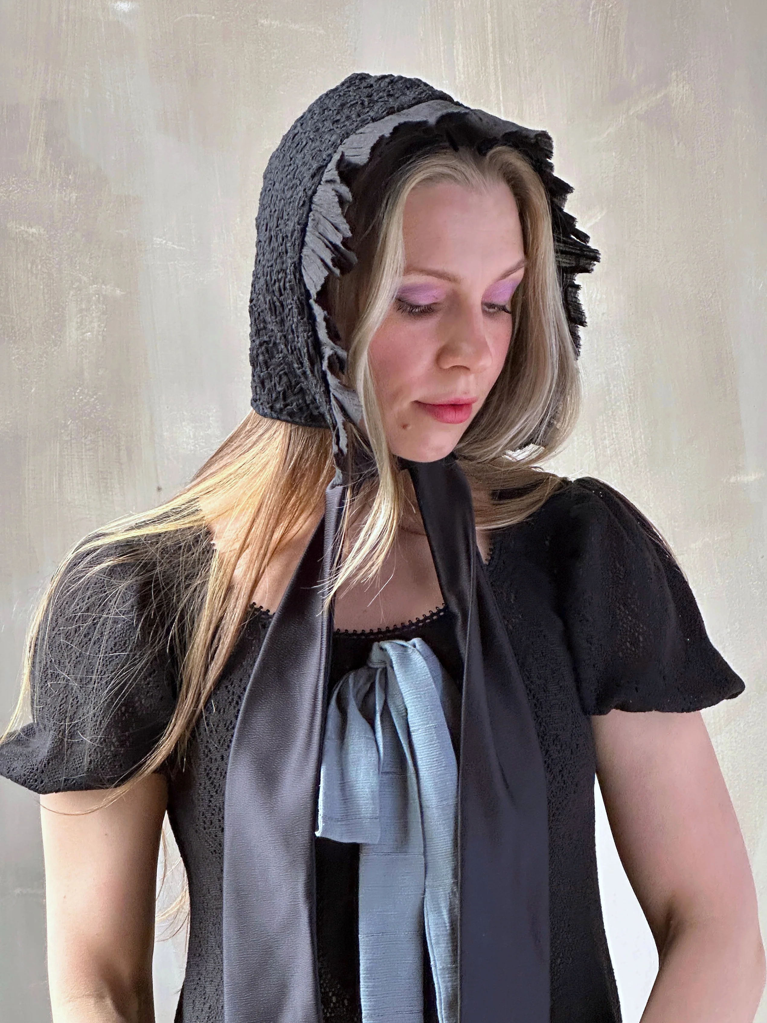 Spring '26: Bonnet with Silk Ties in Black Crinkle Cotton Knit (Pre-Order) - Image 8