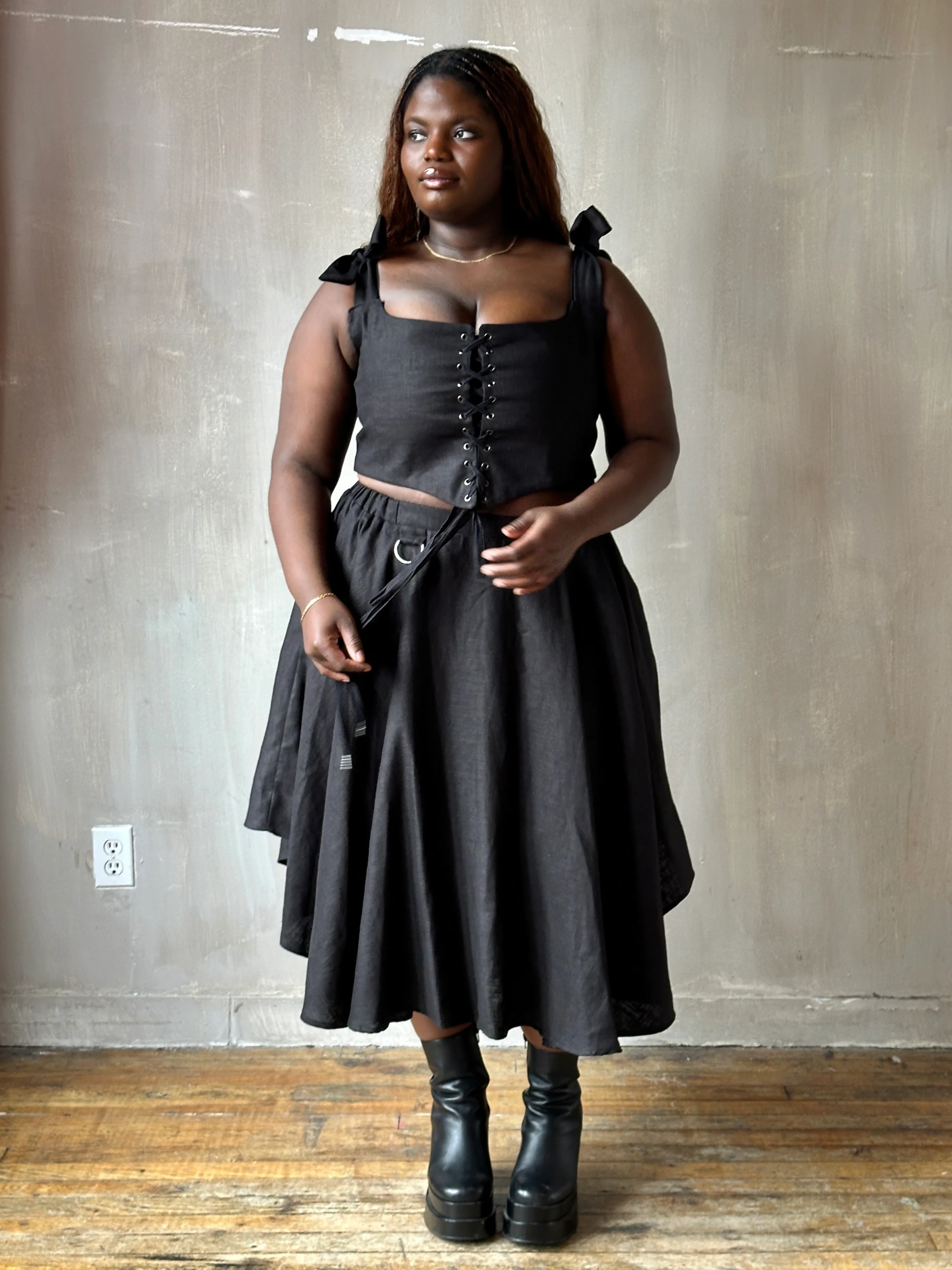 Spring '26: Corset Vest with Bow Ties in Black Linen (Pre-Order) - Image 3