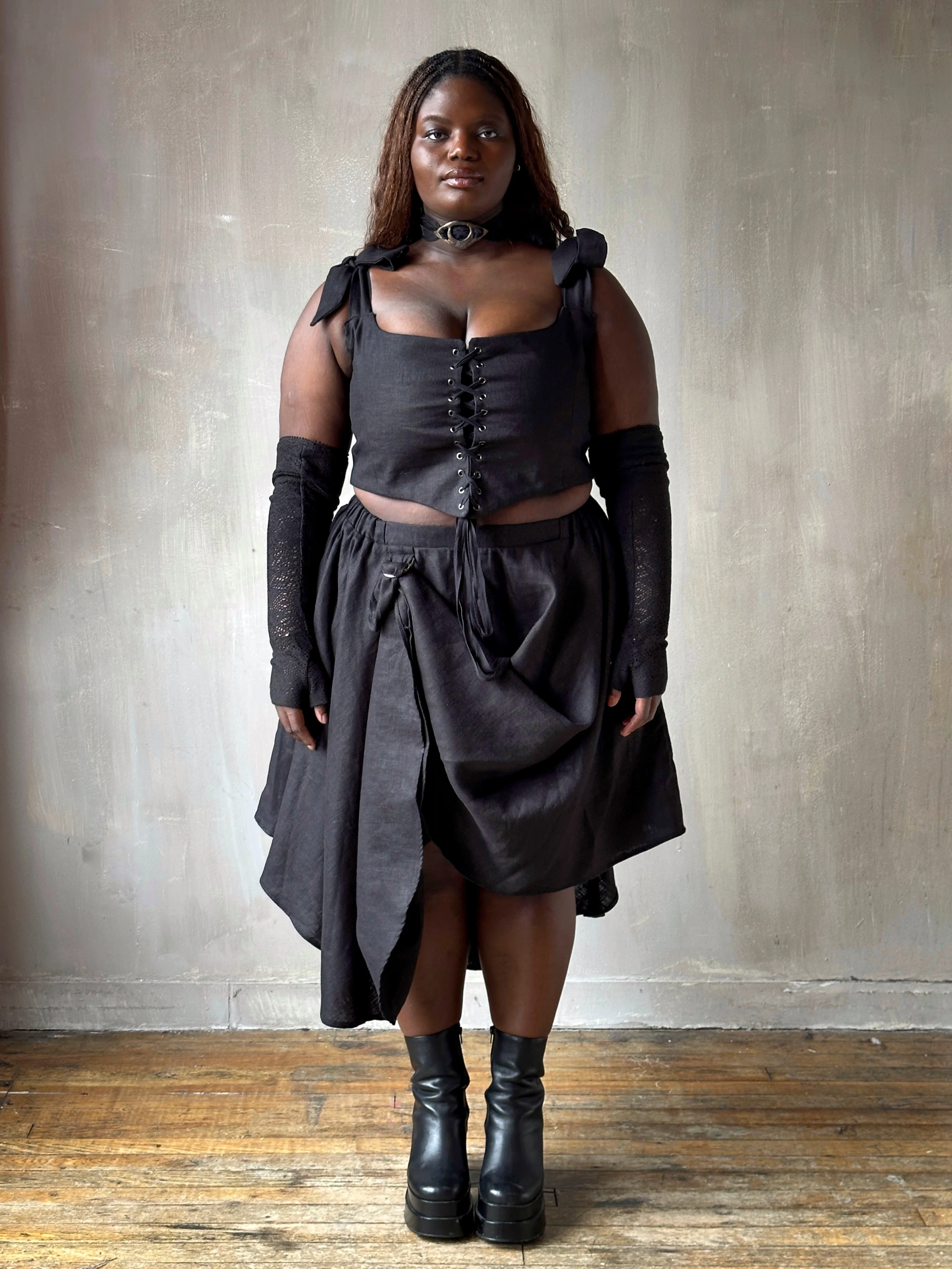 Spring '26: Corset Vest with Bow Ties in Black Linen (Pre-Order) - Image 6