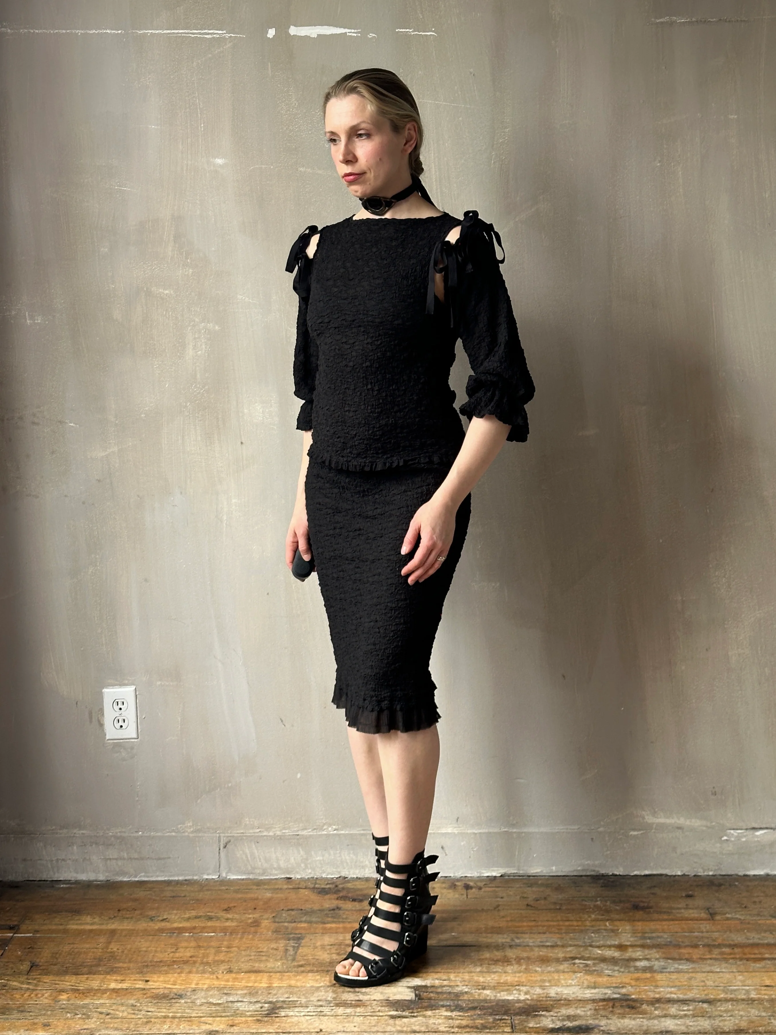 Spring'26: Detached Half Sleeve Top in Textured Black Cotton (Pre-Order) - Image 11