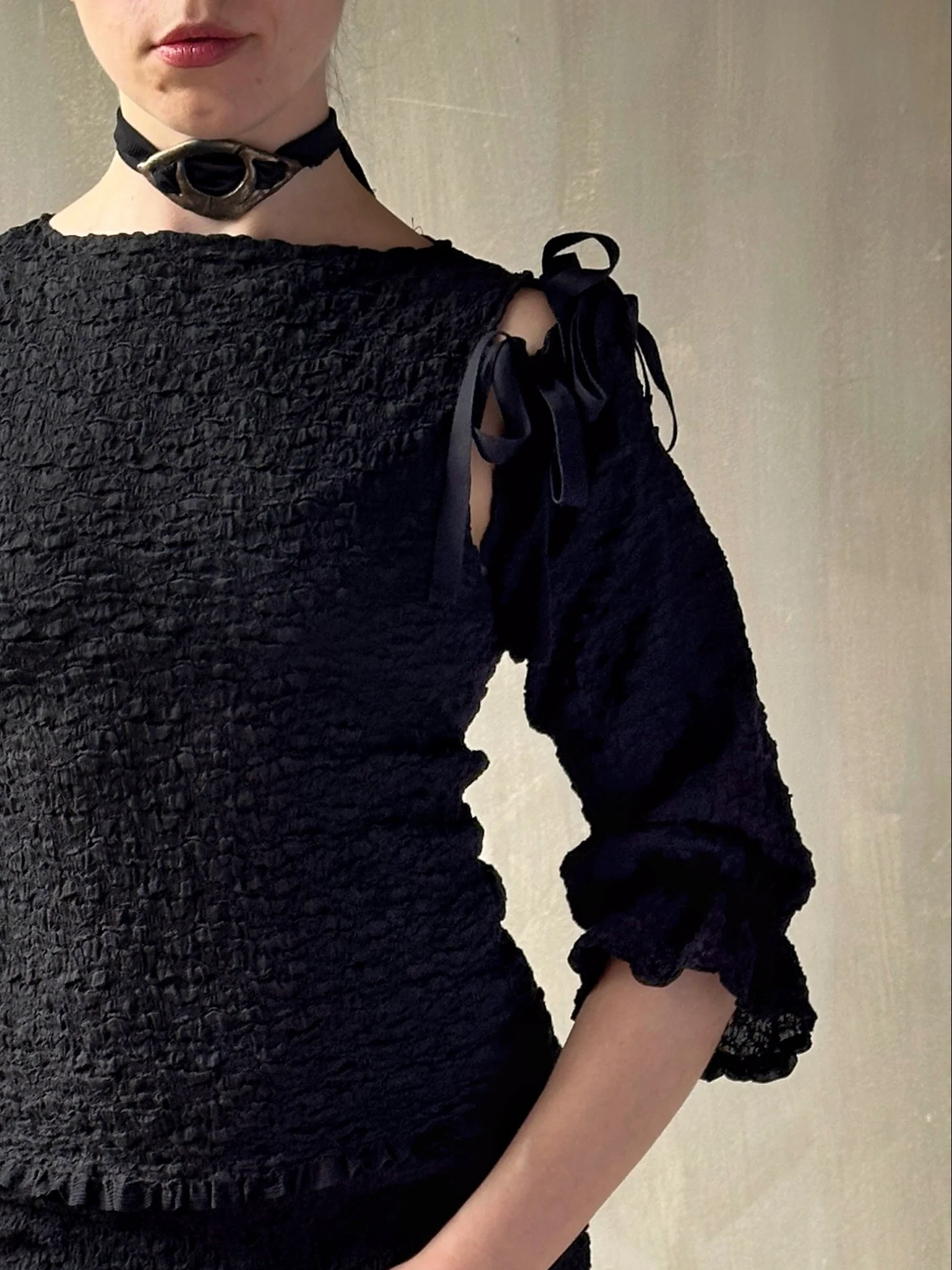 Spring'26: Detached Half Sleeve Top in Textured Black Cotton (Pre-Order) - Image 6