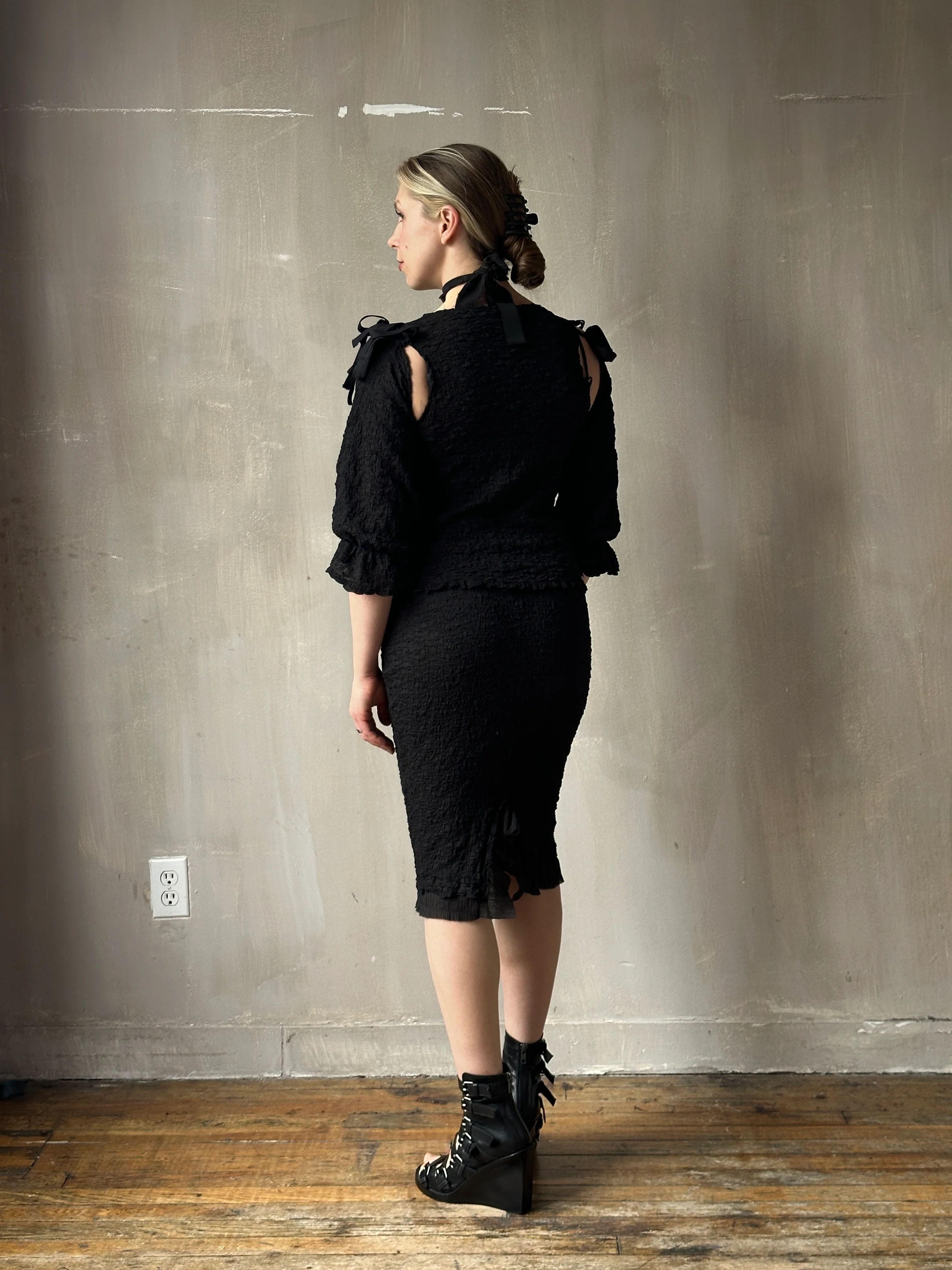 Spring'26: Detached Half Sleeve Top in Textured Black Cotton (Pre-Order) - Image 12