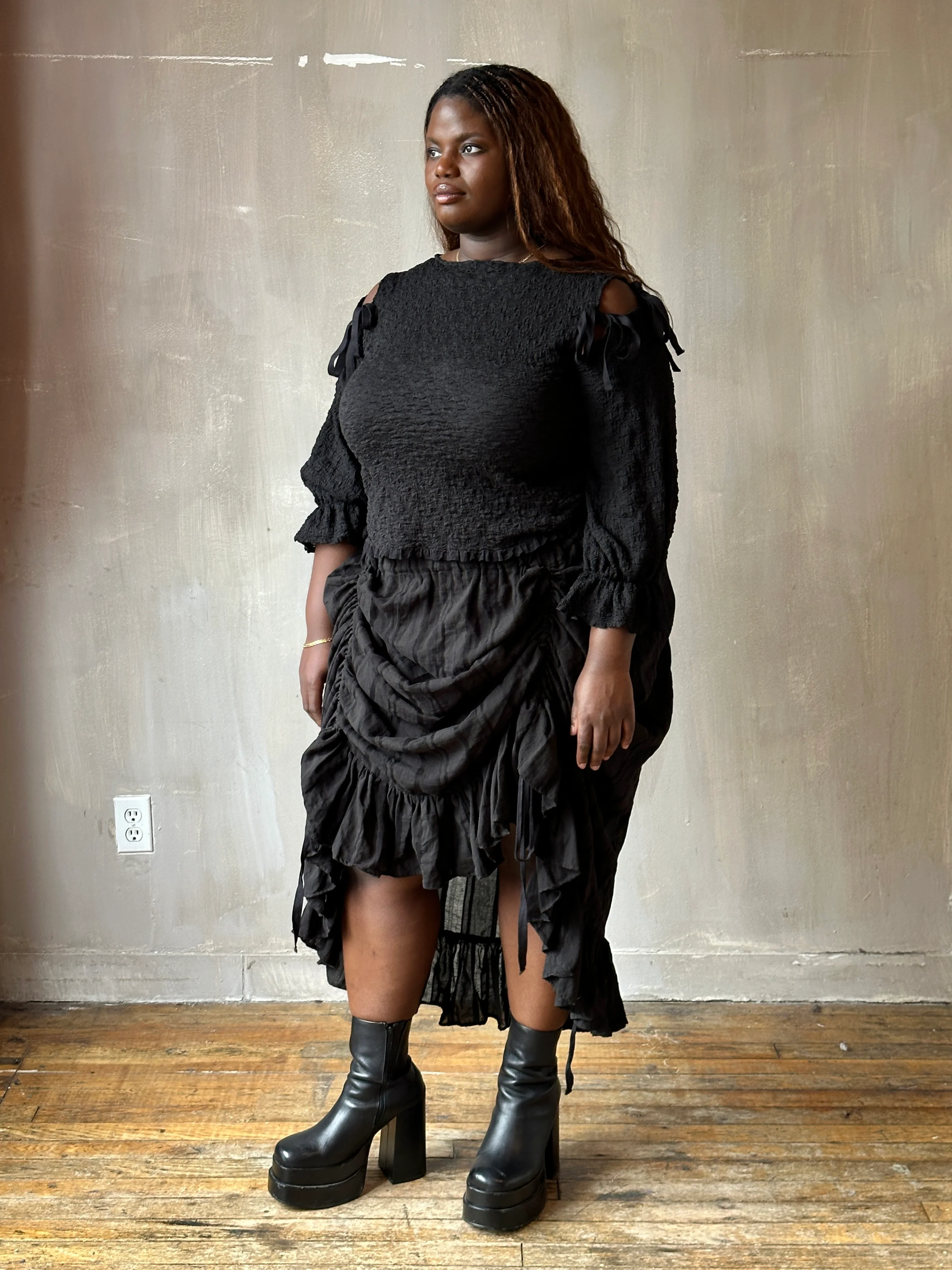 Spring'26: Detached Half Sleeve Top in Textured Black Cotton (Pre-Order) - Image 7