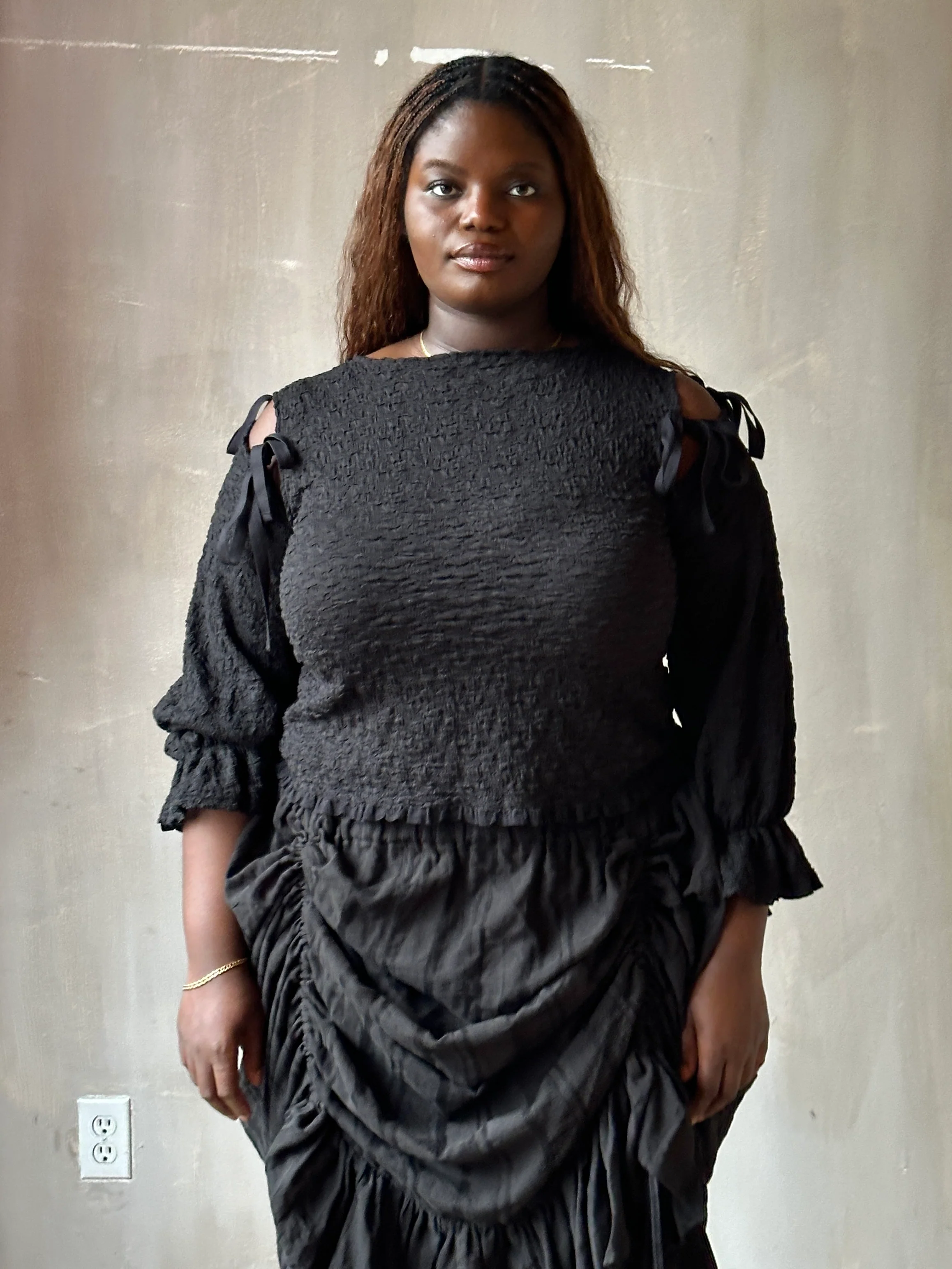 Spring'26: Detached Half Sleeve Top in Textured Black Cotton (Pre-Order) - Image 4