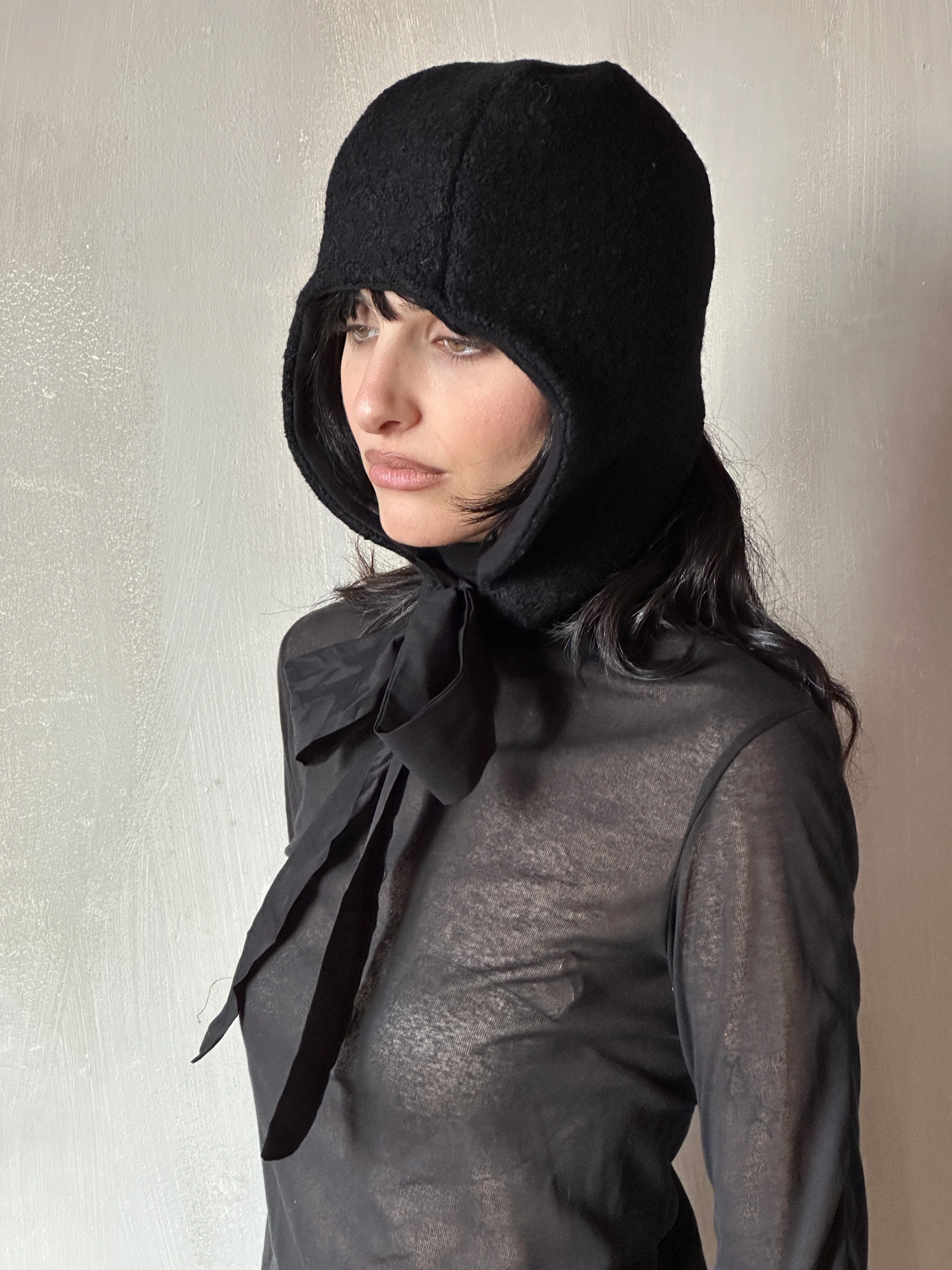 Sample/Stock Sale: Spangenhelm Toque in Black Wool with ties - Image 2