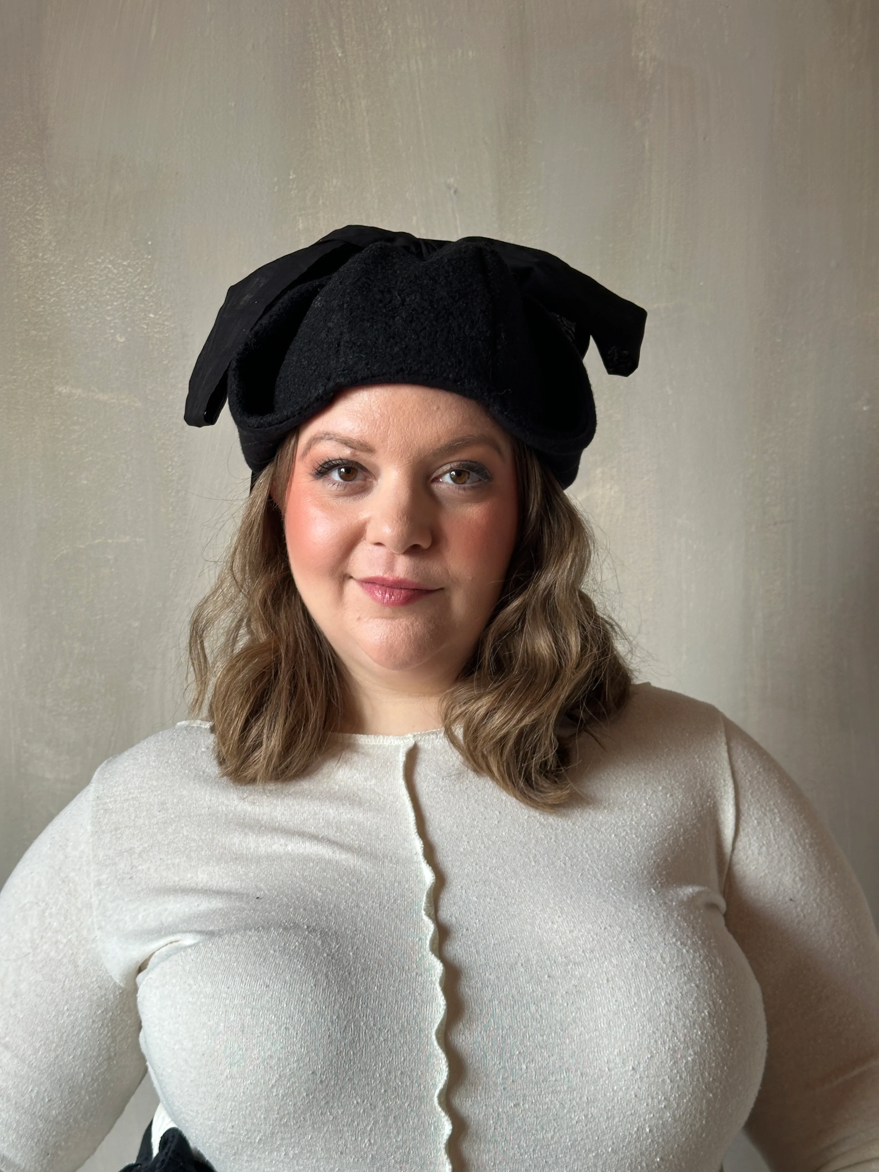 Sample/Stock Sale: Spangenhelm Toque in Black Wool with ties - Image 3