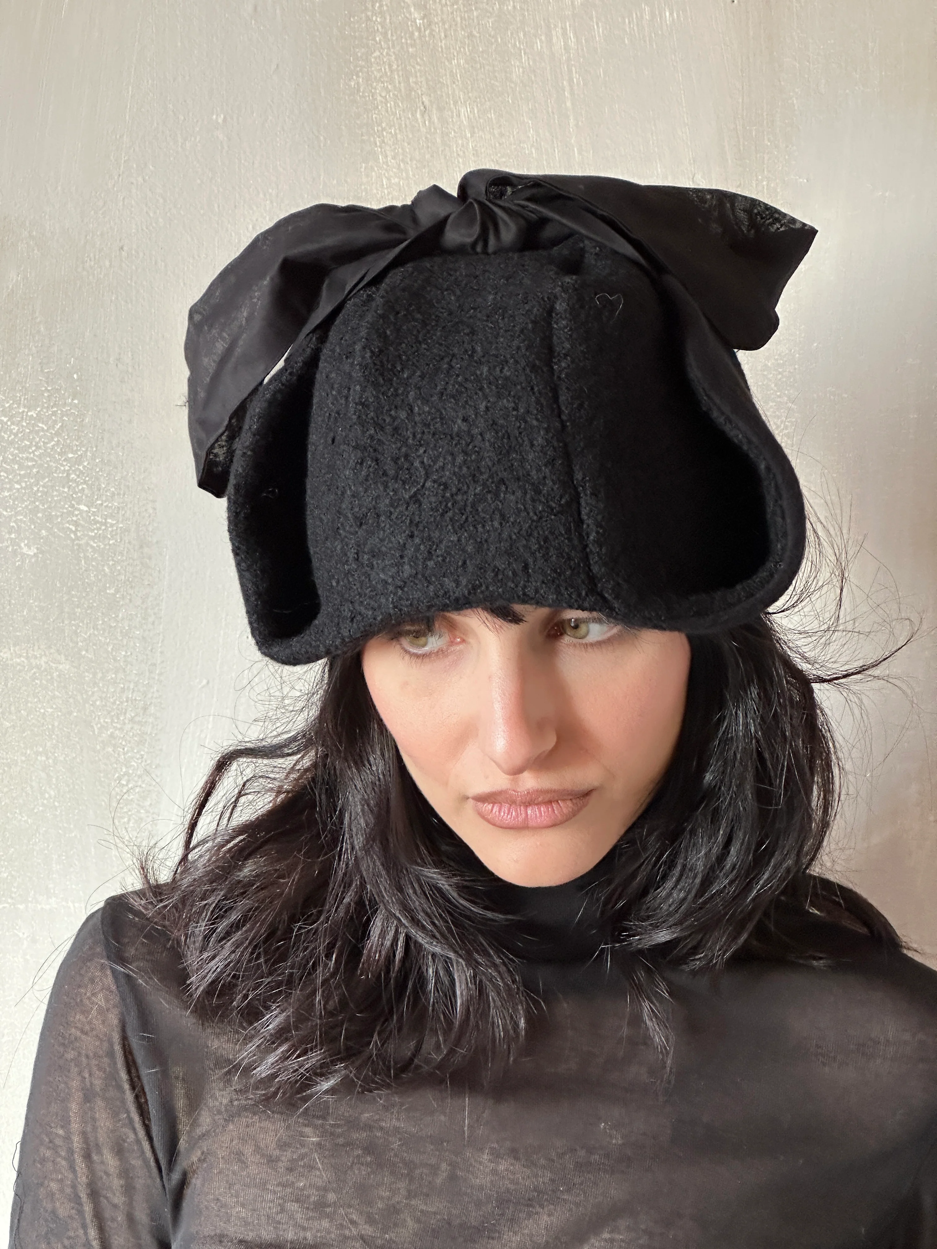 Sample/Stock Sale: Spangenhelm Toque in Black Wool with ties - Image 4