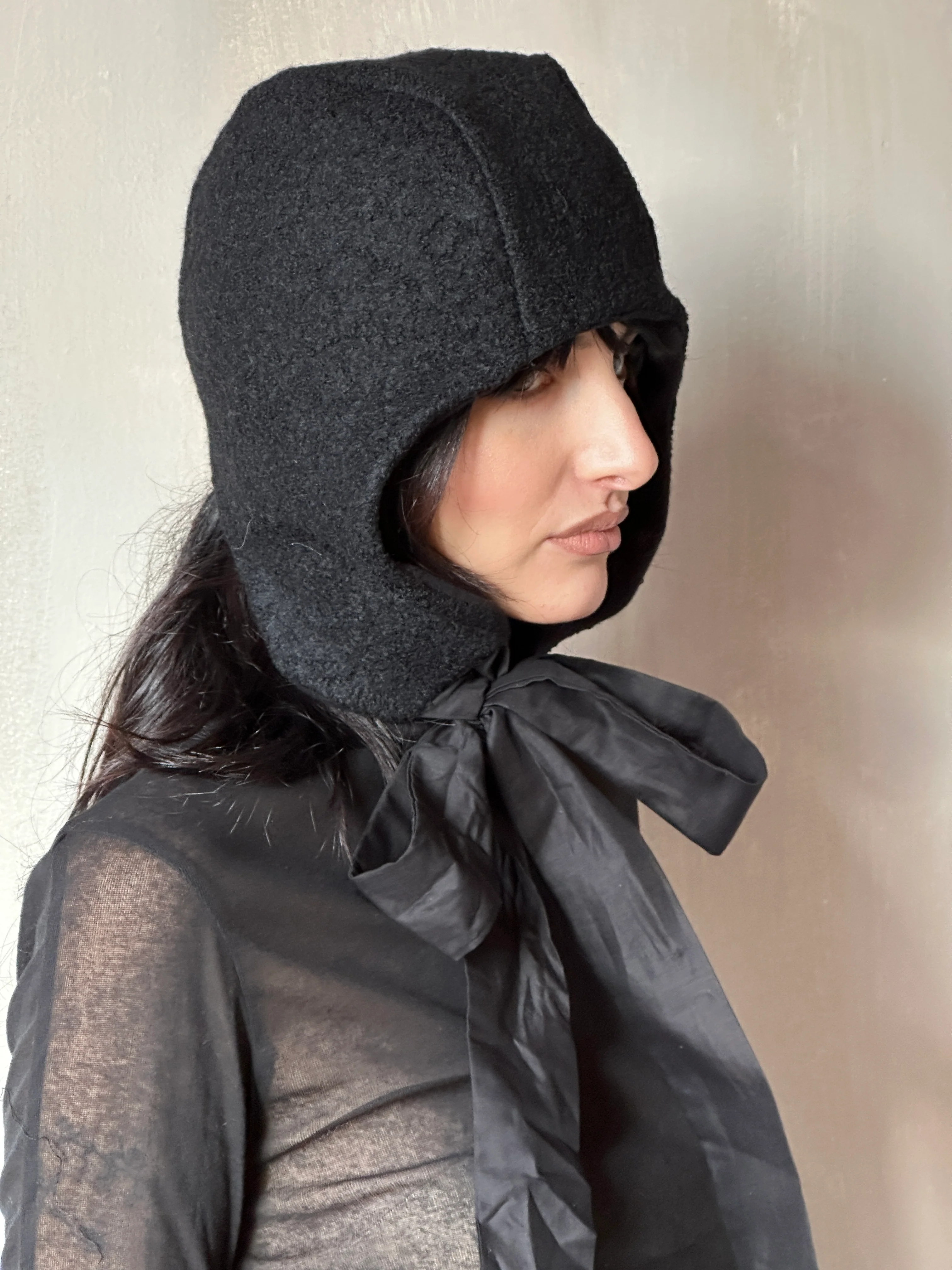 Sample/Stock Sale: Spangenhelm Toque in Black Wool with ties - Image 7