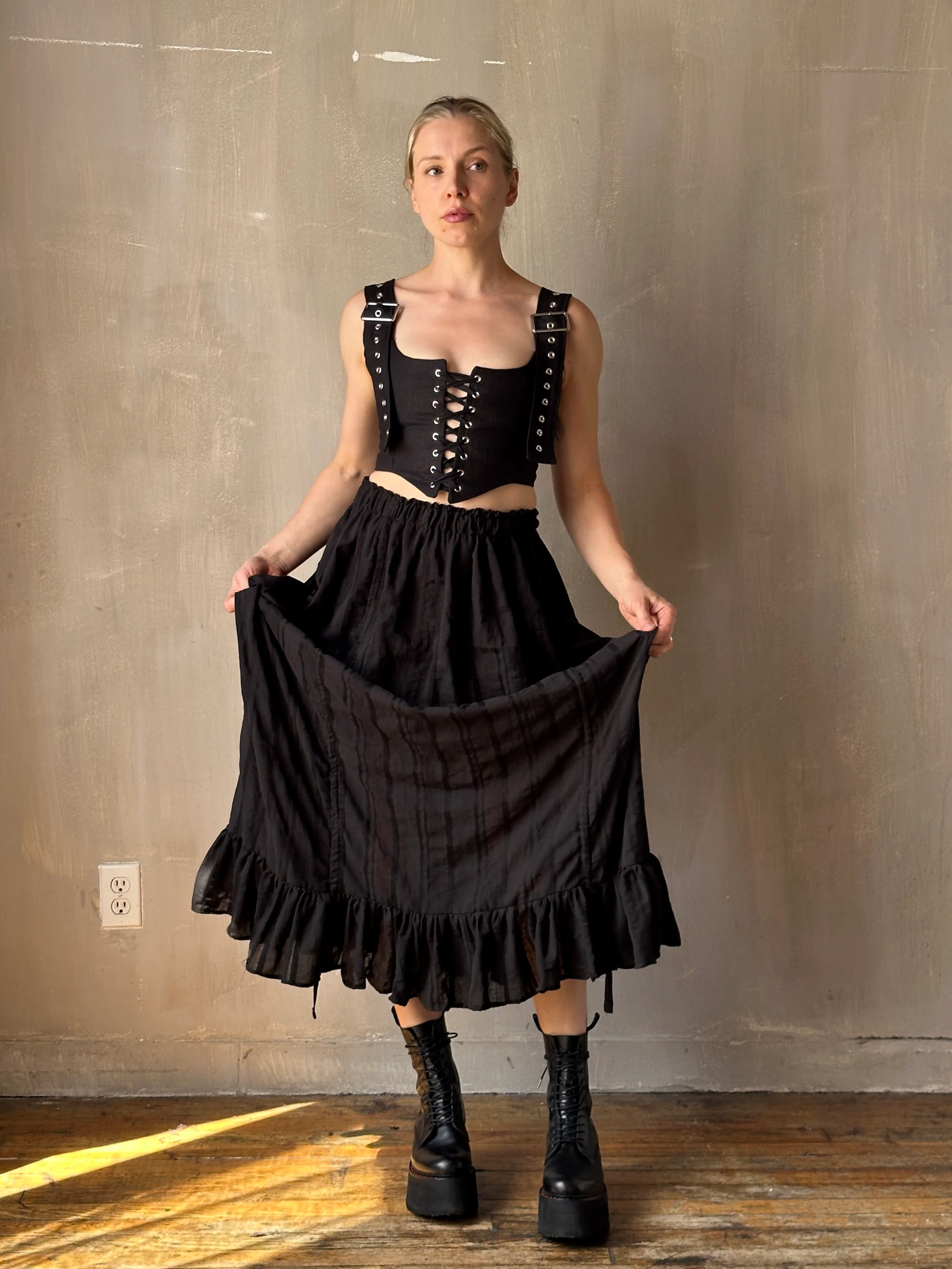 Sample Sale: Drawstring Petticoat Skirt in Black Jacquard Stripe (Size II, small flaw) - Image 4