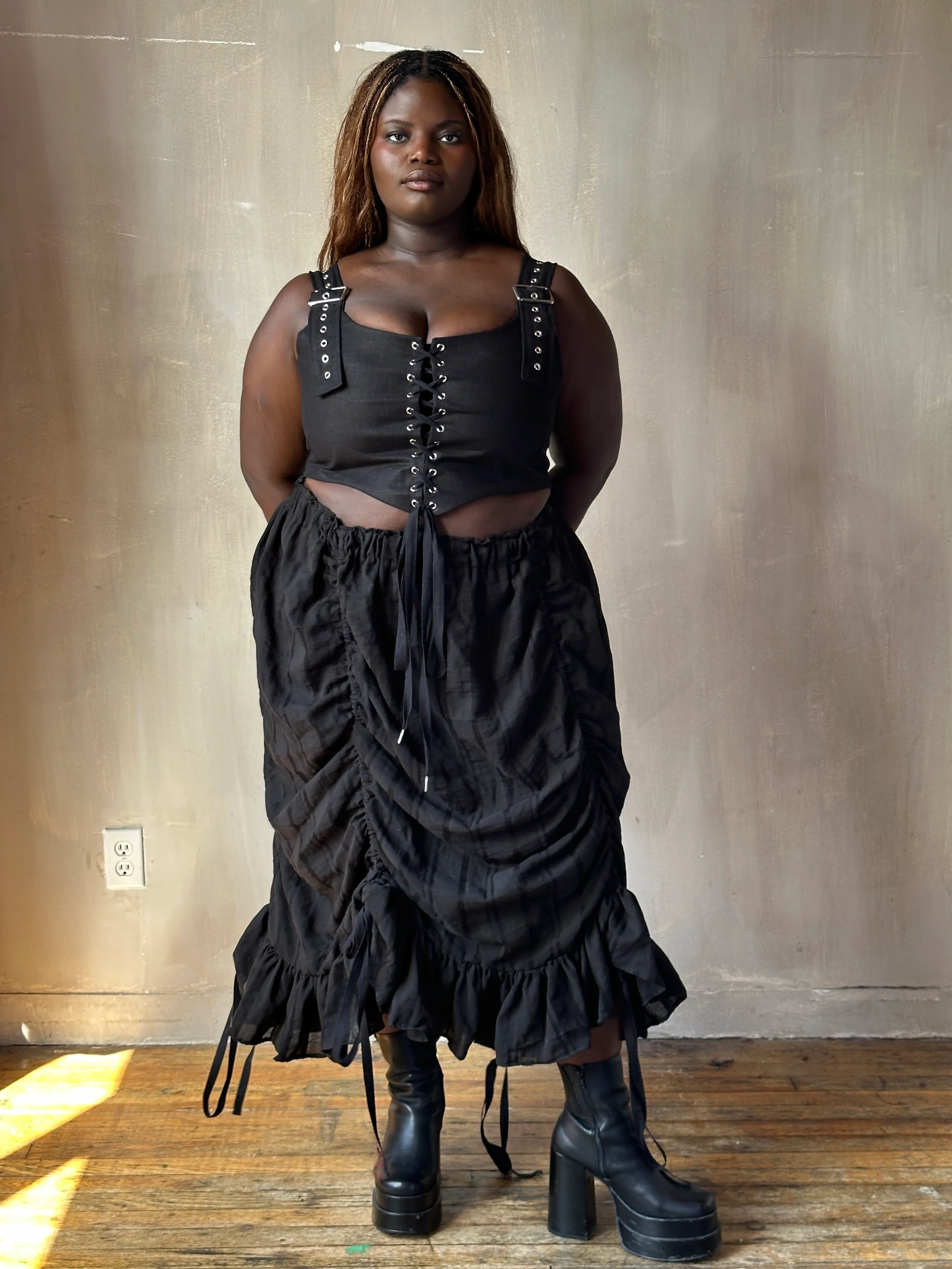 Sample Sale: Drawstring Petticoat Skirt in Black Jacquard Stripe (Size II, small flaw) - Image 10