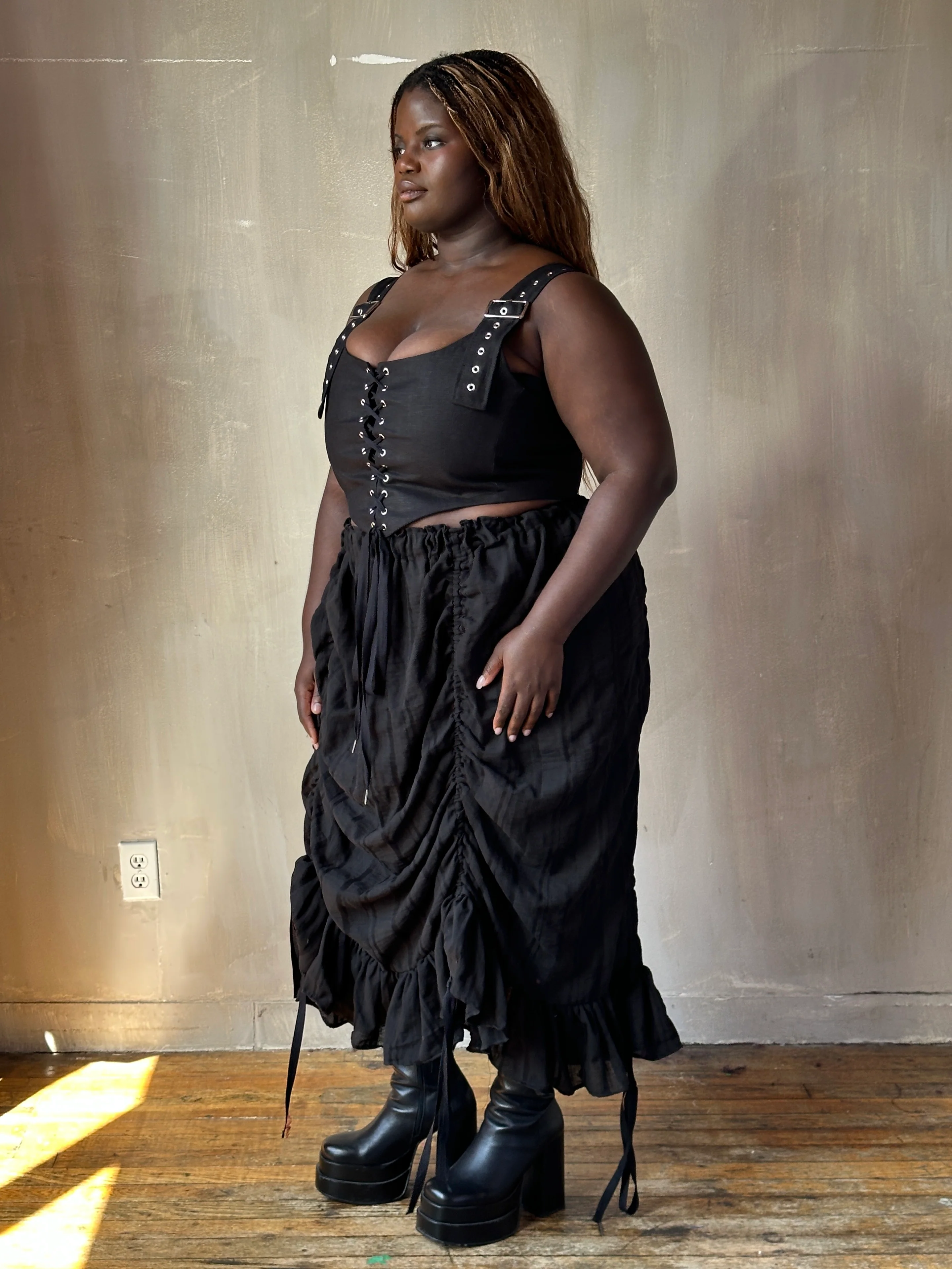 Sample Sale: Drawstring Petticoat Skirt in Black Jacquard Stripe (Size II, small flaw) - Image 11