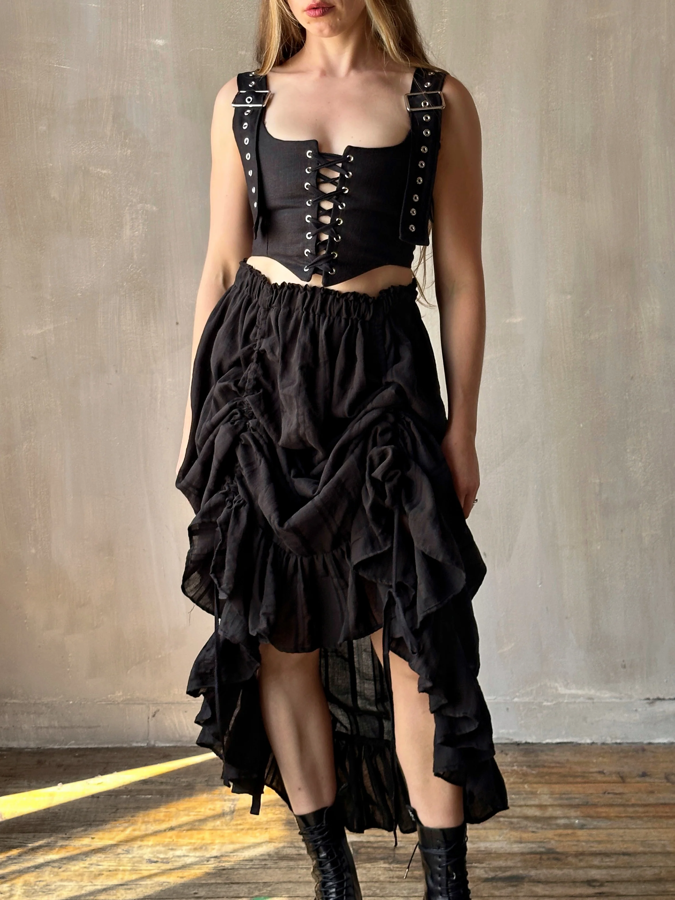 Sample Sale: Drawstring Petticoat Skirt in Black Jacquard Stripe (Size II, small flaw) - Image 2